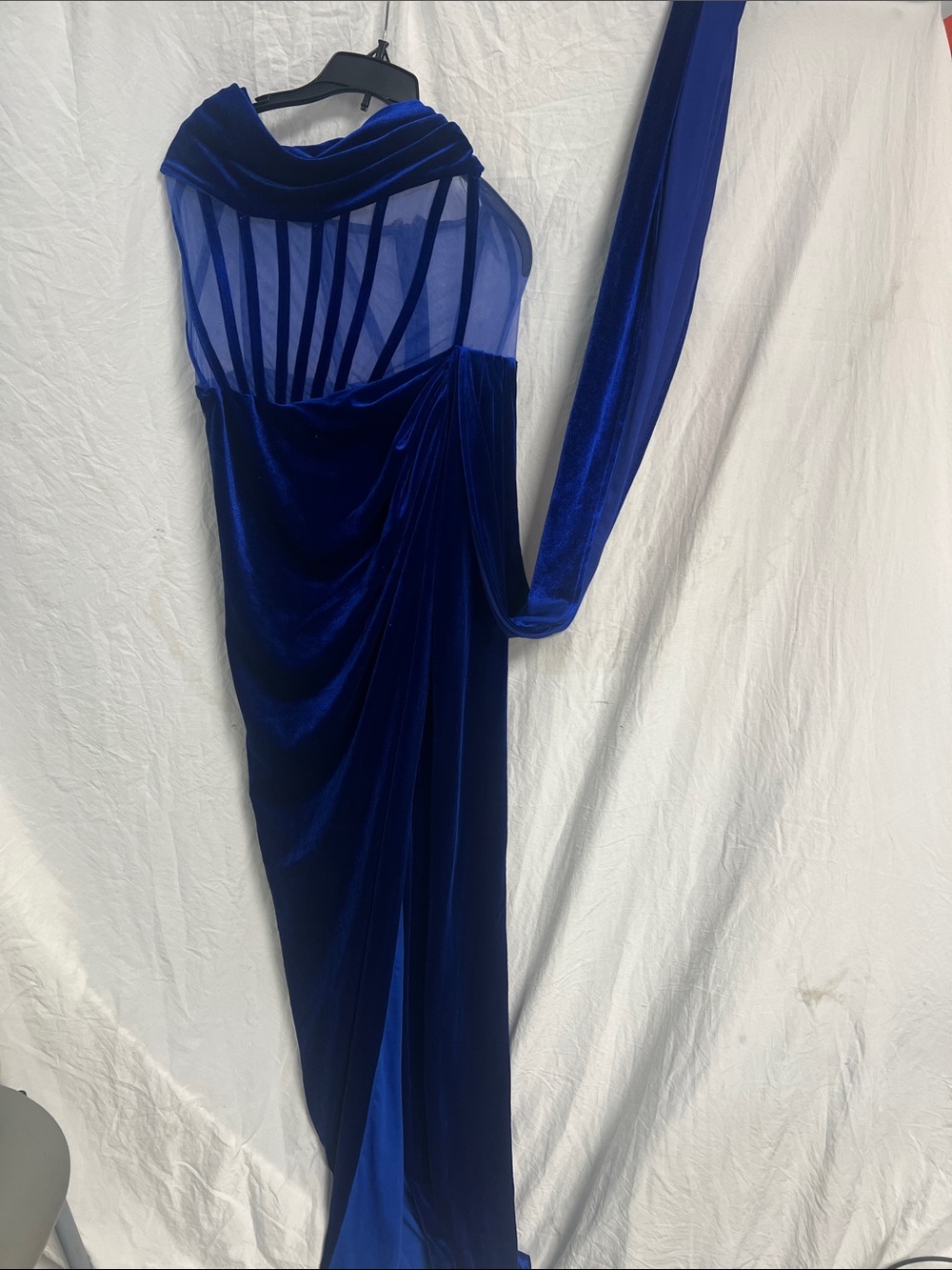 Strapless Royal Blue Velvet Evening Gown with Sheer Bodice